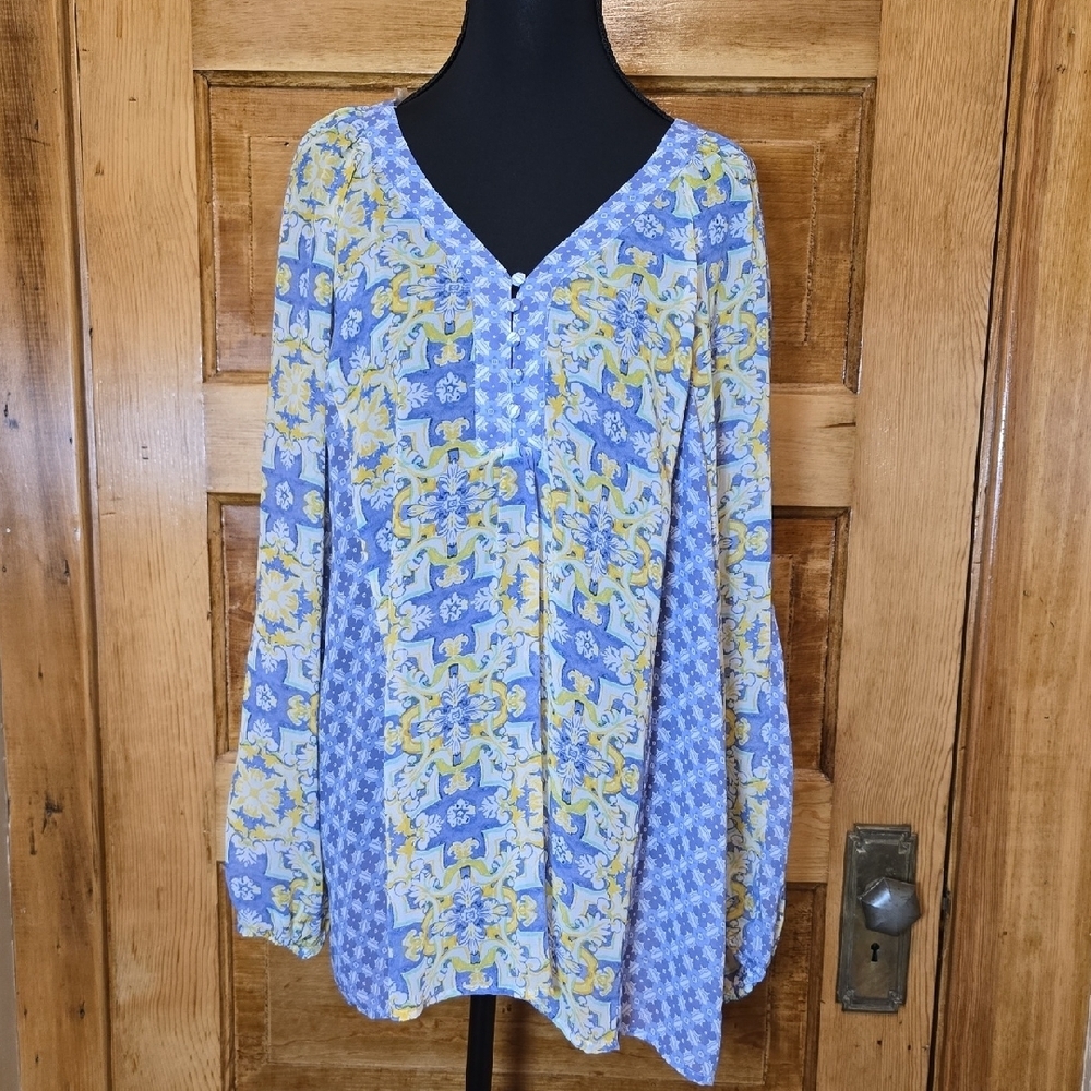 Zac & Rachel Flowy Blue Long Sleeve Boxy Cottagecore Top XL